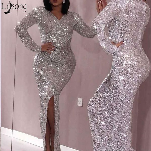 

mermaid prom dresses 2019 v neck long sleeves sequin dress sparkling woman formal party gown abendkleider custom made1, White;black