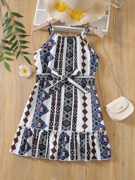 

toddler girl geo graphic ruffle hem belted cami dress she, Red;yellow