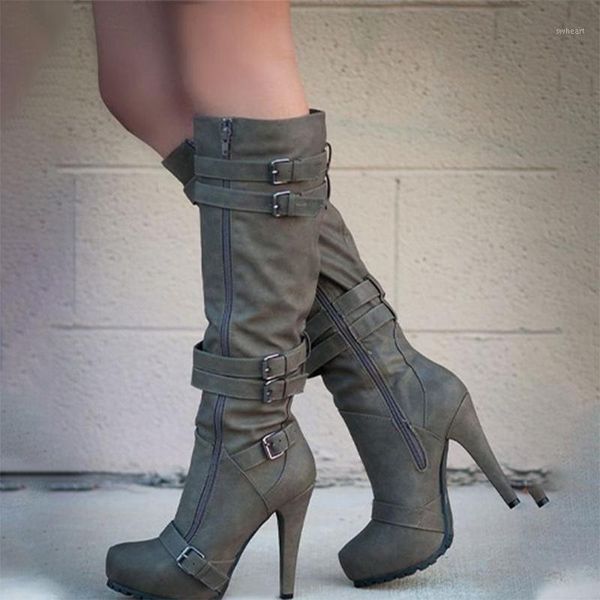 

boots women knee high 2021 women's winter platform female belt buckle ladies thin heel woman non slip shoes1, Black