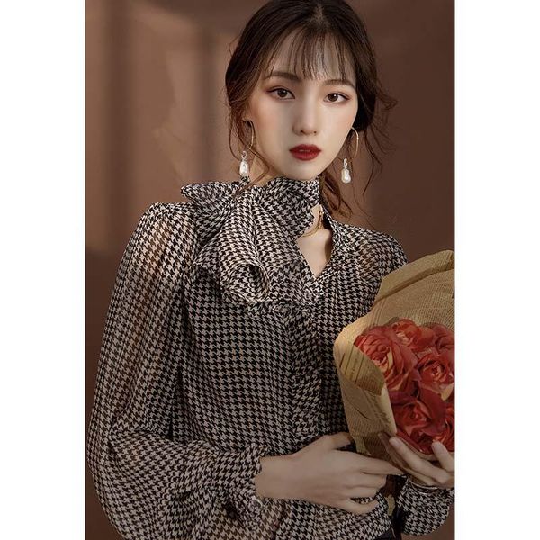 

women's blouses & shirts houndstooth retro french design shirt 2021 temperament regular casual bow polyester women plaid clothing, White