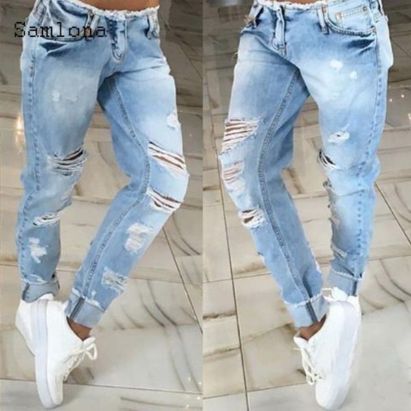 

men's jeans samlona men denim pants 2021 autumn slim bottoms pant male patchwork hole ripped skinny trousers mens clothing, Blue