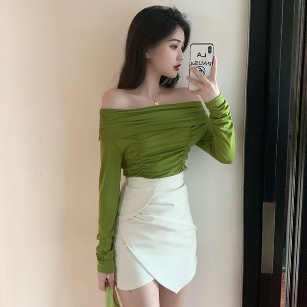 

autumn 2020 new long sleeve one line collar t-shirt + high waist hip skirt two piece fashion suit for women