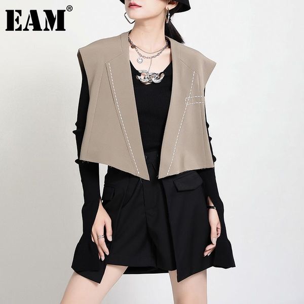 

eam] women loose fit line split joint short irregular vest new v-collar sleeveless fashion tide spring autumn 2021 1dd0347, Black;white