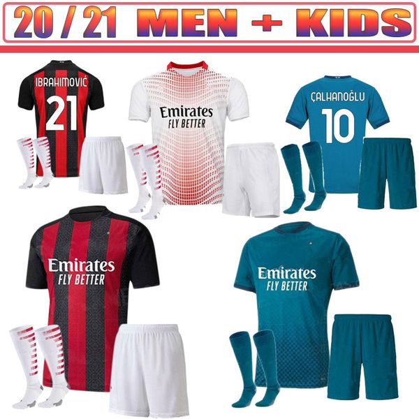 

kids kit ac 2020 2021 milan ibrahimovic soccer jerseys set 20 21 piatek paqueta theo rebic football shirts men kids kits uniforms, Black;yellow