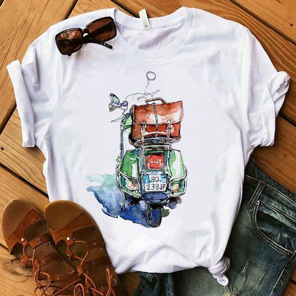 

women's print casual short sleeve women's t-shirt summer floral locomotive t-shirt graphic o-neck women's aesthetic t-shirt, White