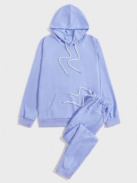 

men drawstring detail kangaroo pocket hoodie & sweatpants g5wg#, Gray