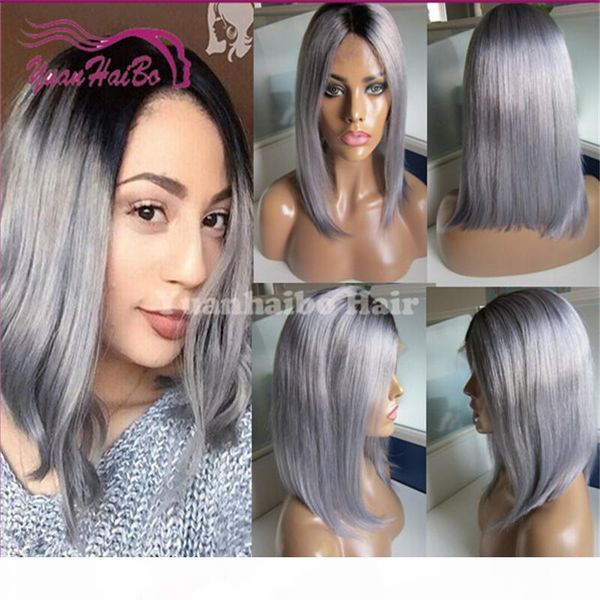 

fashion 1b gray two tone brazilian remy hair layer straight ombre short bob lace front wig ing, Black;brown