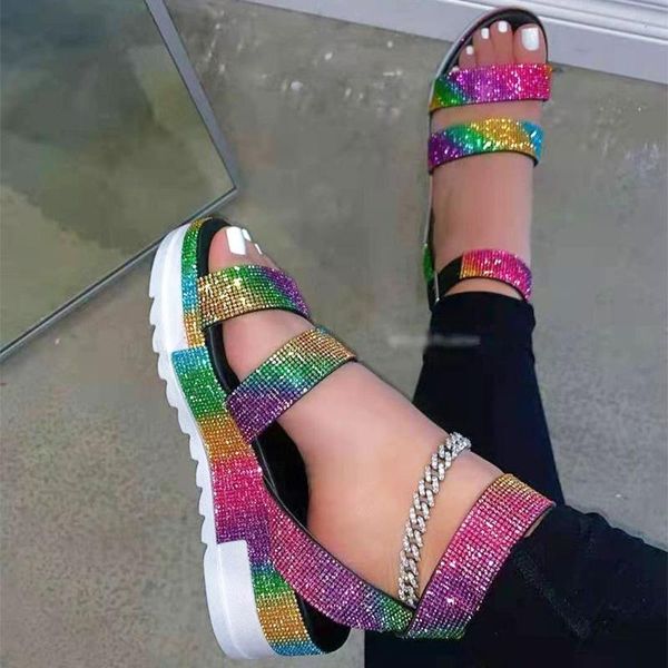 

2021 sandals women summer platform rainbow rhinestone sneaker sandals for women ladies shoes woman flats big size 43, Black