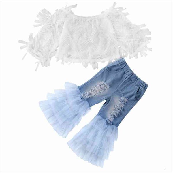 

boutique kid clothes toddler baby kid girl clothes lace off shoulder ruffle hole pants 2pcs outfit, White
