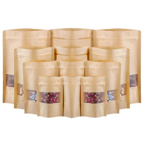 18x26cm Stand Kraft Paper Janela Fosco Showcase Embalagem Alimentar Sacos de Aquecimento Zip Reutilizável Cozimento Candy Snacks Tea Package