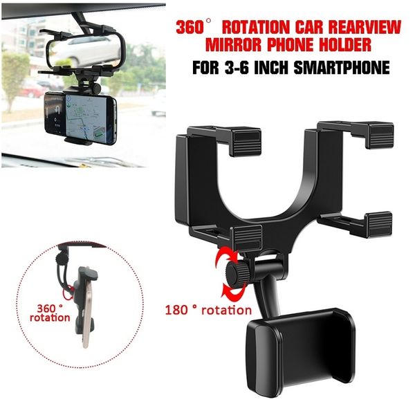

universal 360 degrees rotation rearview mirror phone holder for 3-6 inch smartphone car bracket abs plastic black