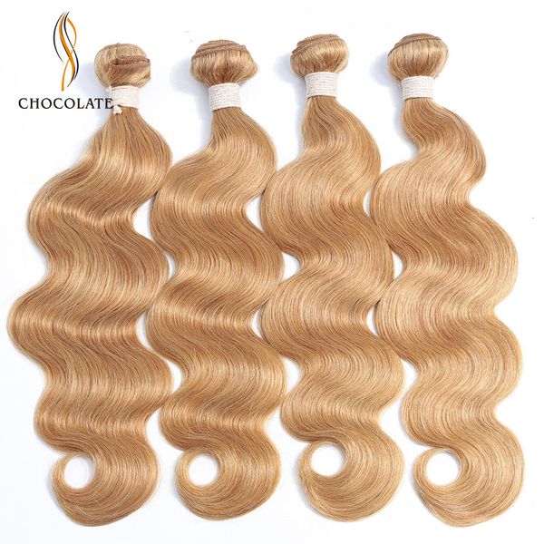 

chocolate 4 bundles color 27 honey blonde brazilian body wave hair weave bundles colored non remy human hair weft 10-26 inches, Black;brown