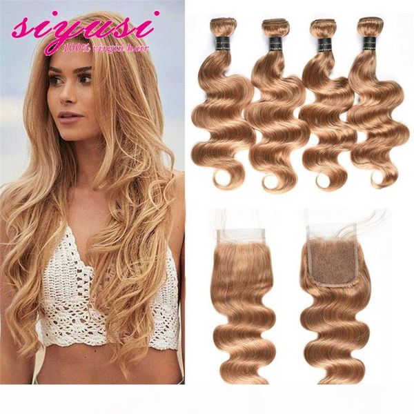 

unprocessed brazilian human hair 3 4 bundles with lace closure color 27# honey blonde body wave virgin hair extensions with closure, Black;brown