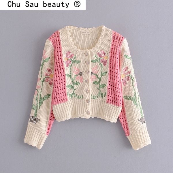 

2020 new fashion autumn casual chic floral embroidery knitted cardigans women knit jacket hollow out single-breasted sweaters lj201112, White;black