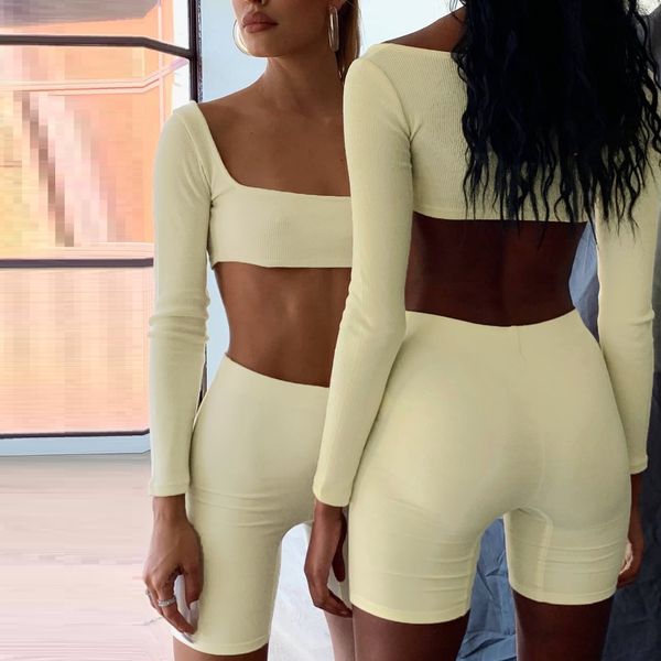 

23245p ультра короткий квадрат шеи длинный рукав сверху короткая осень мода уличный костюм костюм лучшие брюки набор брюки set aknh9, Gray