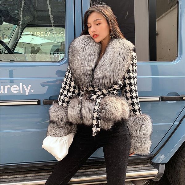 

2020 winter women houndstooth coats with natural fox fur sleeves and collar cashmere wool blends outerwear ladies streetwearx1016, Black;brown