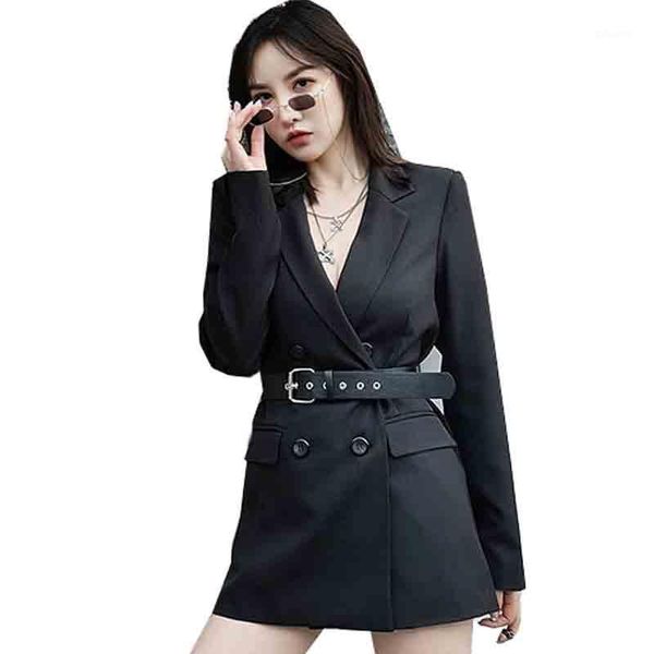 

qing mo black women suit 2020 women v neck off back coat with sashes female personality outwear zqy29631, Tan;black