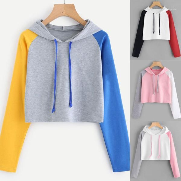 

long sleeve contrast splice crop hooded pullover casual drop shipping products suit for home kawaii sudaderas para mujer1, Black