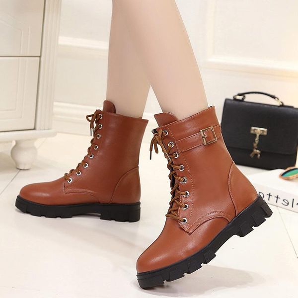 

winter autumn boots ladies shoes woman warm plush martin boots female british thick sole lace up buckle leather motorcycle, Black