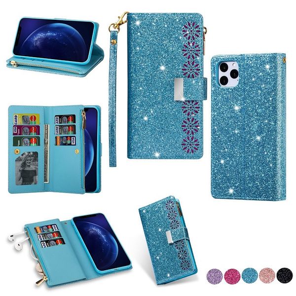 

fashion glittering sequins back zipper hollow flower trifold leather wallet case for iphone 12 11 pro max x xr xs max 6 7 8 plus