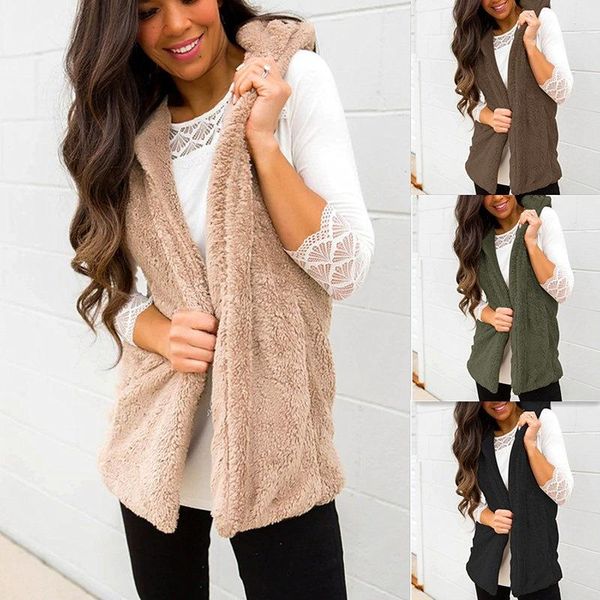 

women plush coats autumn winter solid warm faux fur outwear casual jackets female hooded sleeveless open stitch jacket vest, Black;white
