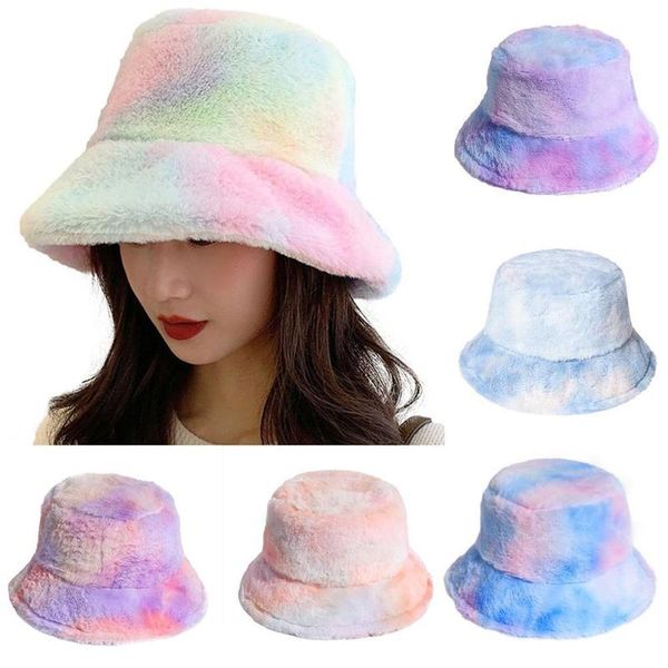 

pink faux fur bucket hat for women girl rainbow tie dye soft warm fishing cap fisherman gorros winter lady gifts, Blue;gray