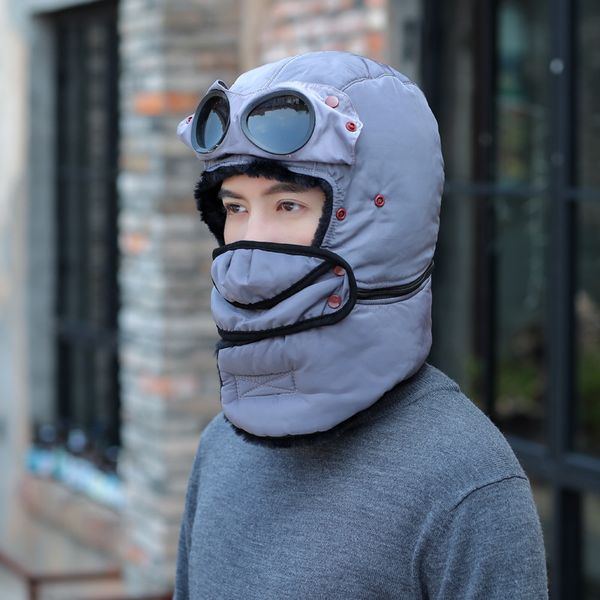 

korean-style women's winter warm thick ushanka snow hat with mask wraps windproof outdoor earmuffs fur hat for men, Blue;gray