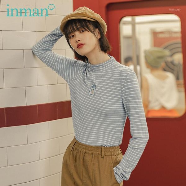 

inman 2020 autumn new arrival high neck elastic comfortable long sleeve joker basic inside wear strip t-shirt1, White