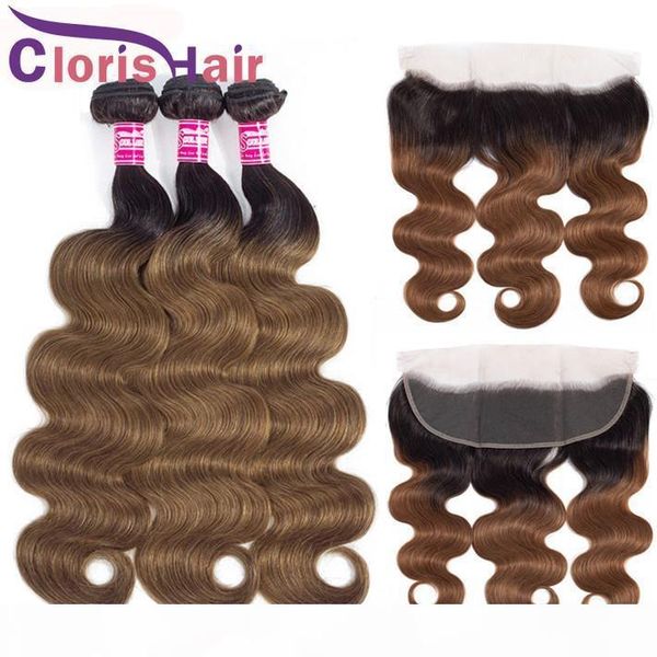 

1b 30 blonde malaysian virgin ombre human hair bundles with frontal auburn brown body wave weaves closure 13x4 lace frontal with bundles, Black;brown