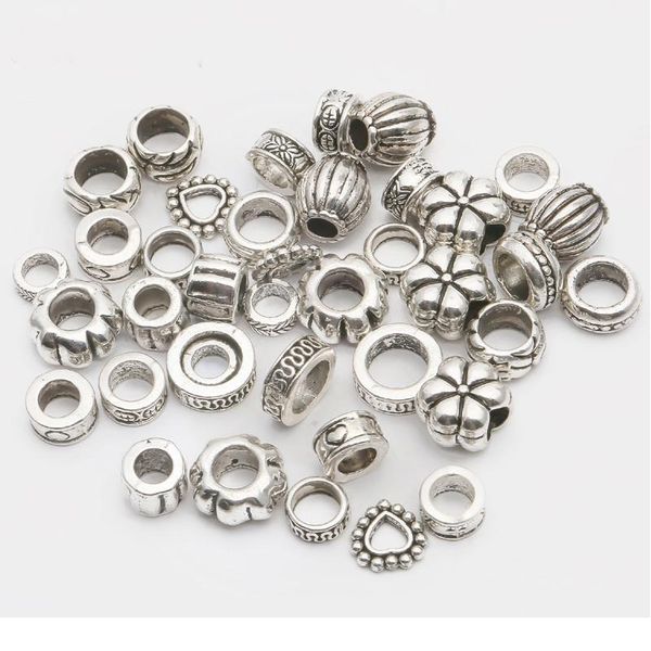 

35pcs mix size tibetan antique silver color big hole metal beads for jewelry making diy needlework charm fit bracelet w jllpmv, Black