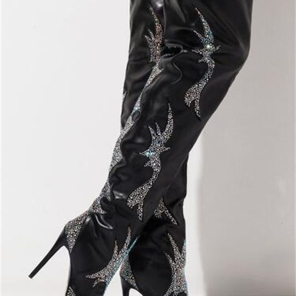 

discount luxury women's bootswomen's imitation diamond above the knee, pointy dancing shoes and high, Black