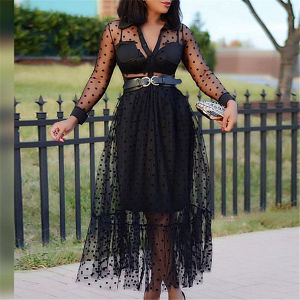 

женщины black mesh две пьесы set полька dot see through прозрачные рубашки топы юбки тюль подкладка упругие талии плиссированные jupes x0923, Gray