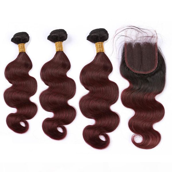 

burgundy ombre hair bundles with closure #1b 99j wine red ombre indian human hair weaves body wave 3bundles with lace closure piece 4x4, Black