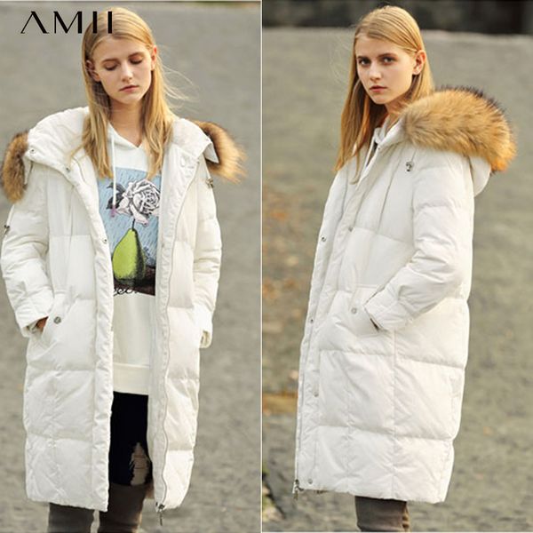 

amii minimalism women winter thick hooded fur long down coat causal solid 95%white duck down knee-length female coat 11860113 201103, Black