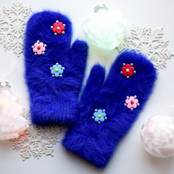 

five fingers gloves winter lovely flower with pearl full finger mittens fur female double warm guantes, Blue;gray