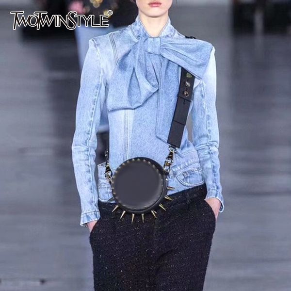 

twotwinstyle vintage bowknot denim shirts women bow collar long sleeve slim lace up blouses female fashion tide t200322, White