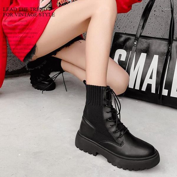 

2020 woman chunky heels motorcycle boots leather high heel ankle boots women fashion women's round toe lace up punk ljb1991, Black