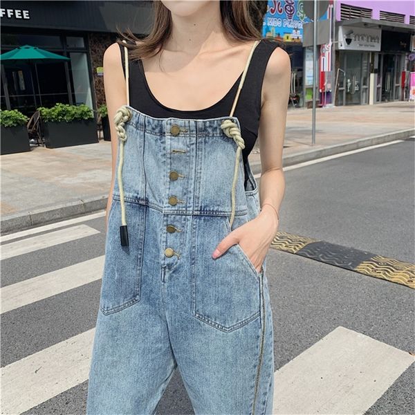 

qooth vintage high waist jeans overalls women big pockets denim romper ladies wide leg harem jumpsuits capri jeans 210202, Blue