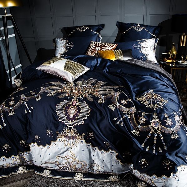 1000TC египетский хлопок синий фиолетовый постельное белье набор роскошные королевы king-size кроватью кроватью комплект вышивка одеяла чехол пригодитель de lit взрости 201120