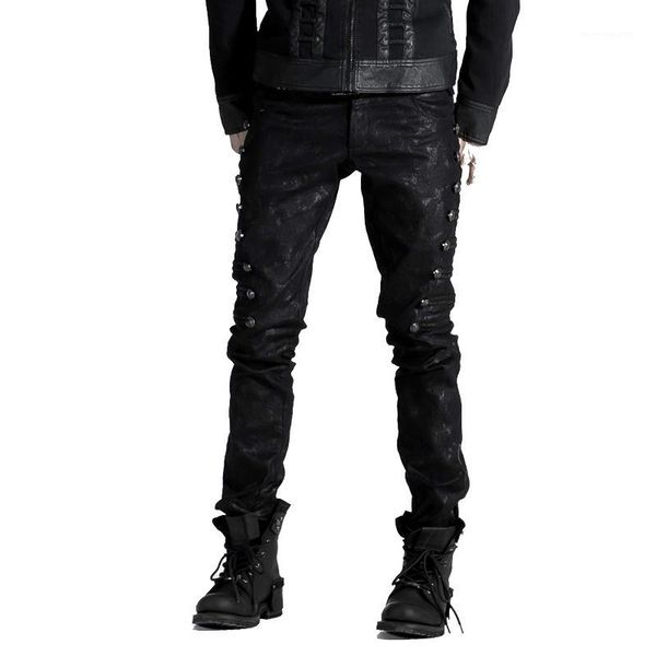 

steampunk men's jean with rivet side decorated slim fit handsome black casual retro gothic pants1