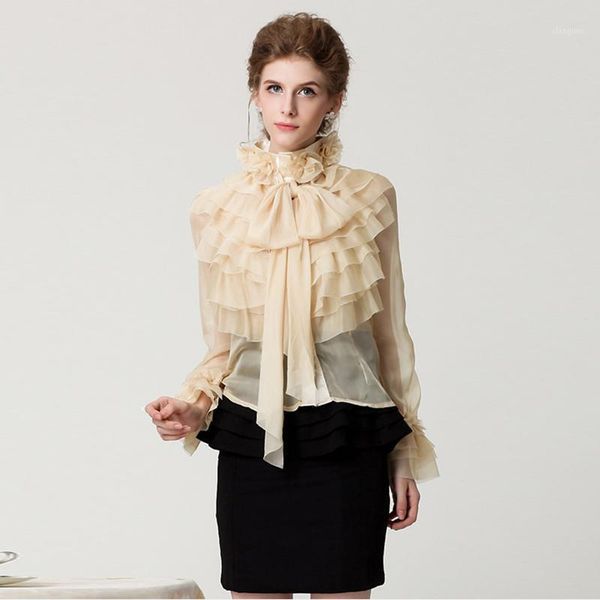 

new fashion 2020 designer shirt women's long sleeve bow cascading ruffle blouse shirt, White