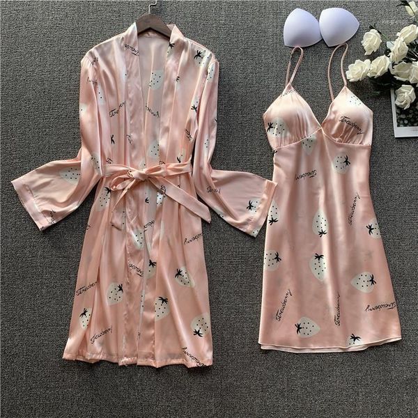 

fruit print women kimono bathrobe gown set v-neck mini nightdress casual home dress sweet pink sleepwear with belt1, Black;red