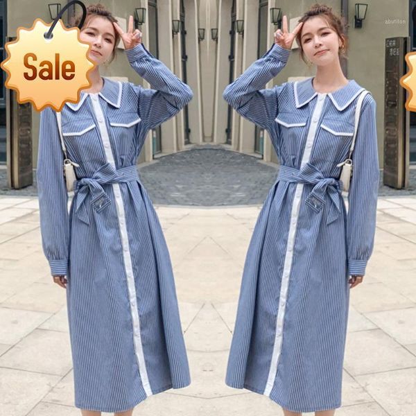 

casual dresses autumn korean women's loose striped long-sleeved lapel college style single-breasted shirt dress trendy ladies1, Black;gray