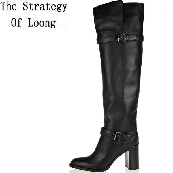 

boots women winter buckle genuine leather thick high heels real pointed toe over the knee long plus size eu 44 451, Black