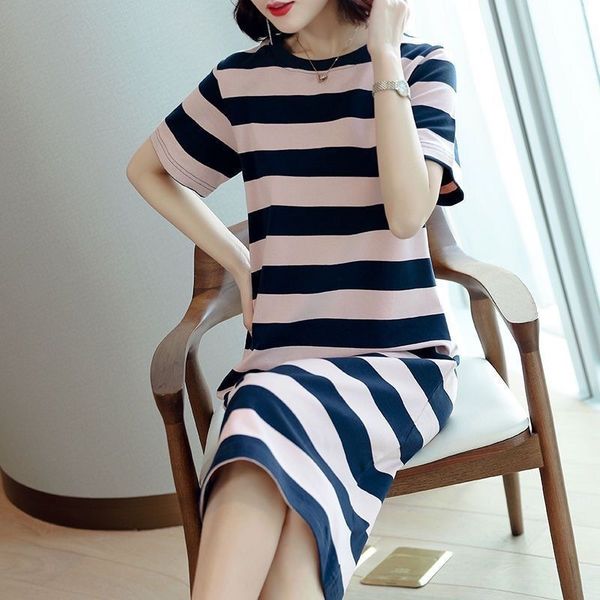 

striped summer 2020 new women's dress dresst-shirt dress korean style loose slimming mid-length cross-knee round neck short sleeve t-sh, Black;gray