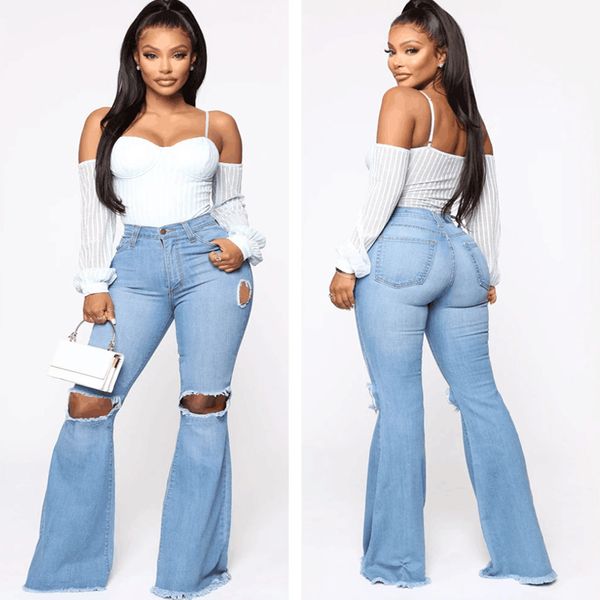 

3y high-waisted ripped tassels floor-dragging jeans ladiesbell bottoms, Blue