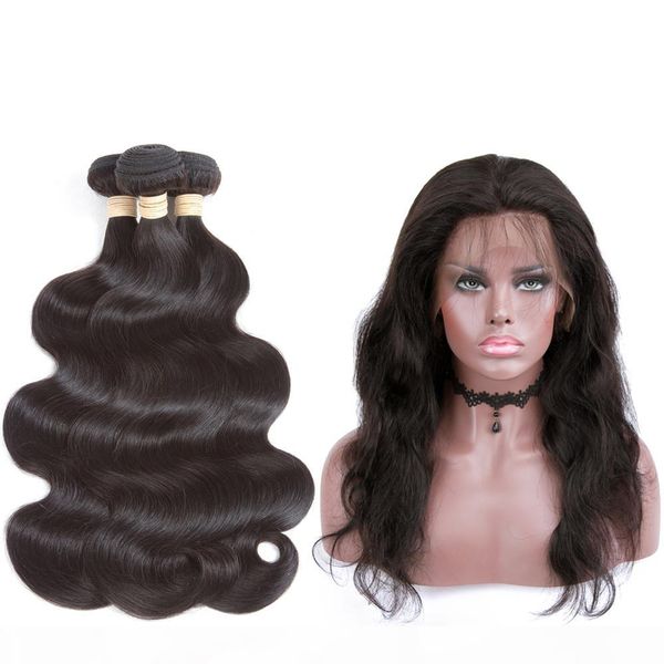 

hc hair pre plucked 360 lace frontal closure with 3 bundles with baby hair body wave human hair hand tied natural black