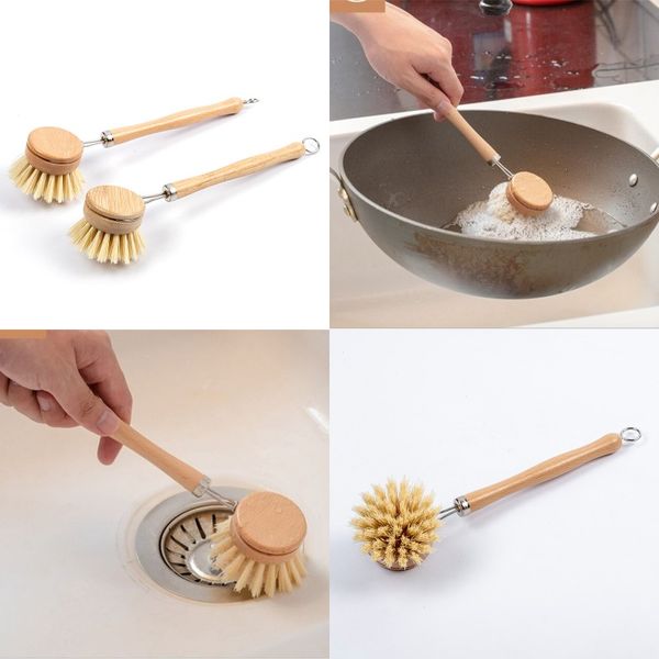 

natural wooden long handle pan pot brush dish bowl washing cleaning brush & replacement brush heads household kitchen cleani 114 j2