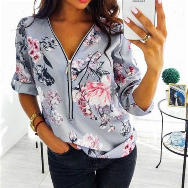 

spring large size women 2021 casual v neck shirt ladies front zipper blouse loose floral print tunic shirt camisa feminin, White