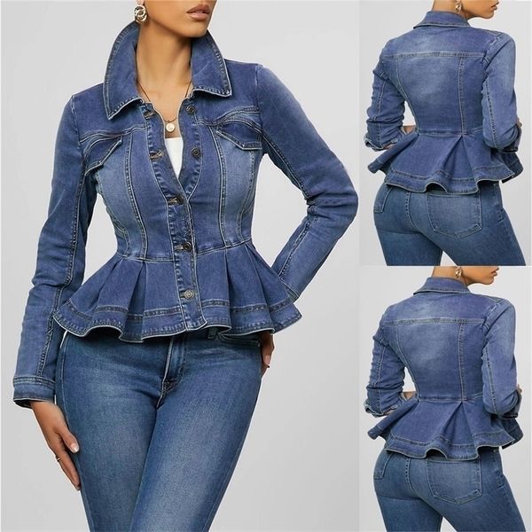 

women denim jacket ruffle hem slim fit women short jeans jackets coat vintage turn down collar denim coat outerwear femme d30 201109, Black;brown